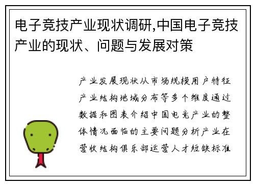电子竞技产业现状调研,中国电子竞技产业的现状、问题与发展对策
