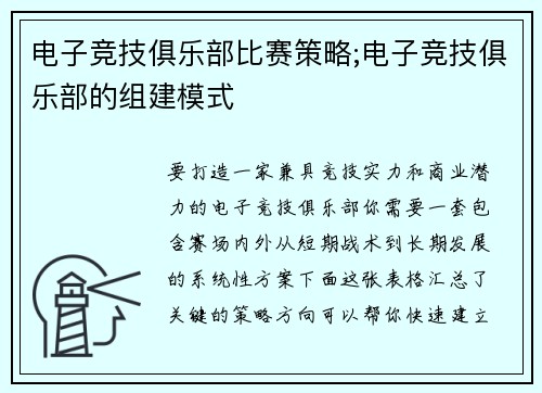 电子竞技俱乐部比赛策略;电子竞技俱乐部的组建模式